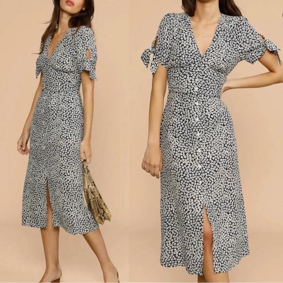 Rouje Dresses & Skirts - ROUJE Navy Ecru Dainty Floral Print Button Down Tie Sleeve Laura Midi Dress 4/6